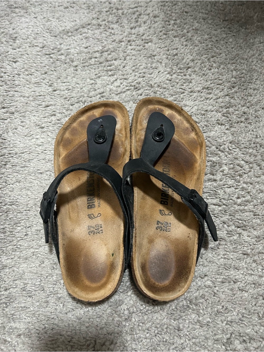 Birkenstock Black Leather Thong Sandals with Tan Footbed